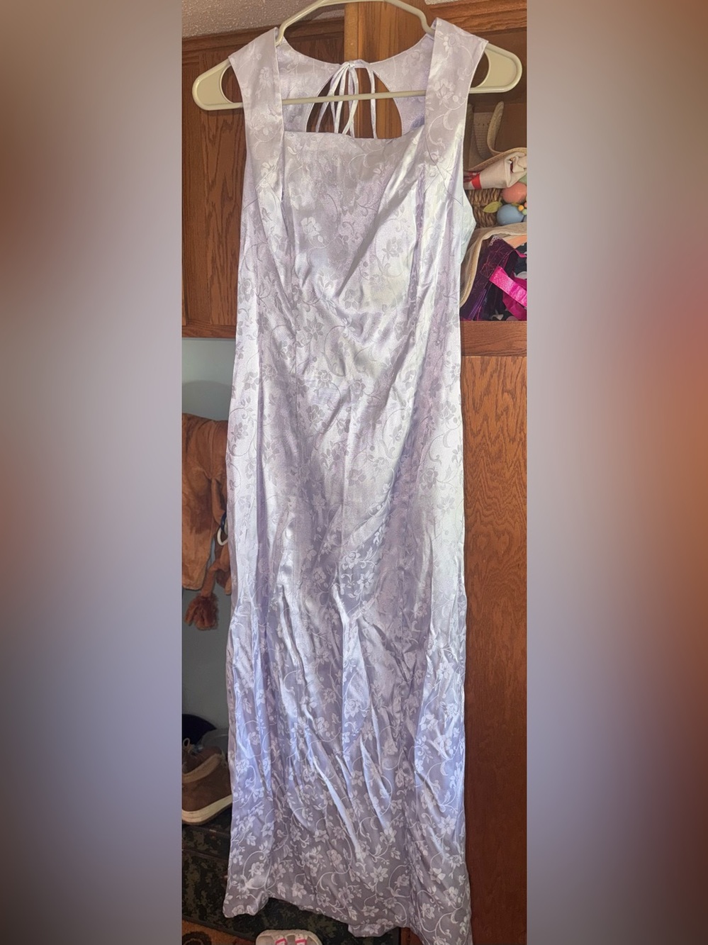 Lavender Satin Floral Evening Dress with Back Tie